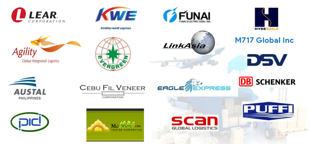 Clients of Lcargo Diversified Logistics: Lear Corporation, Kintetsu World Express, Funai Electric Cebu, Hyde Sails, Agility, Evergreen, LinkAsia, M717 Global, DSV, Austal Philippines, Cebu Fil Veneer, Eagle Express, DB Schenker, PICO, McWat Cebu, Scan Global Logistics, PUFFI